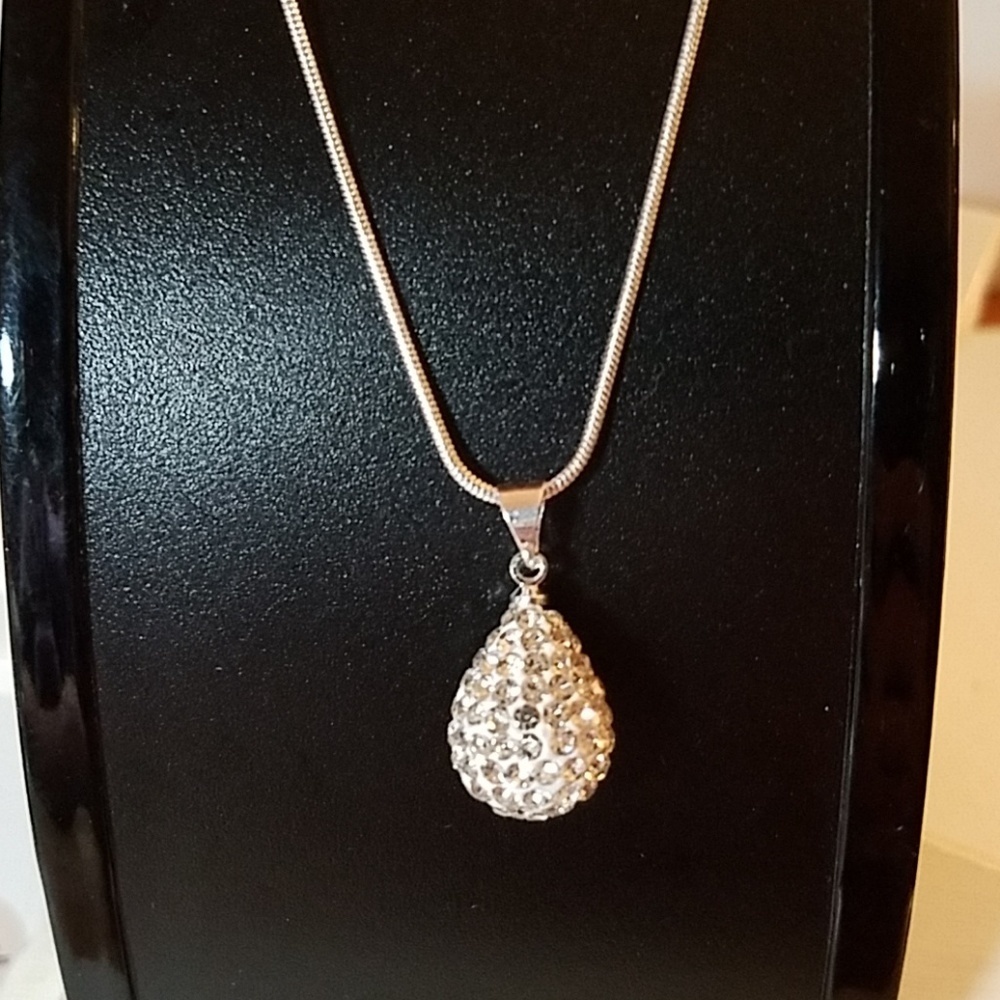 Rhinestone Tear Shape Sphere Silver Tone 18" Necklace